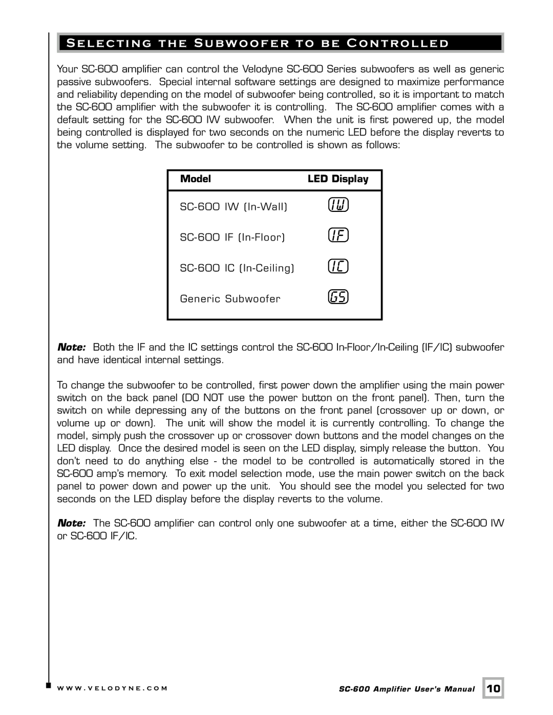 Velodyne Acoustics SC-600 user manual Selecting the Subwoofer to be Controlled, Model LED Display 