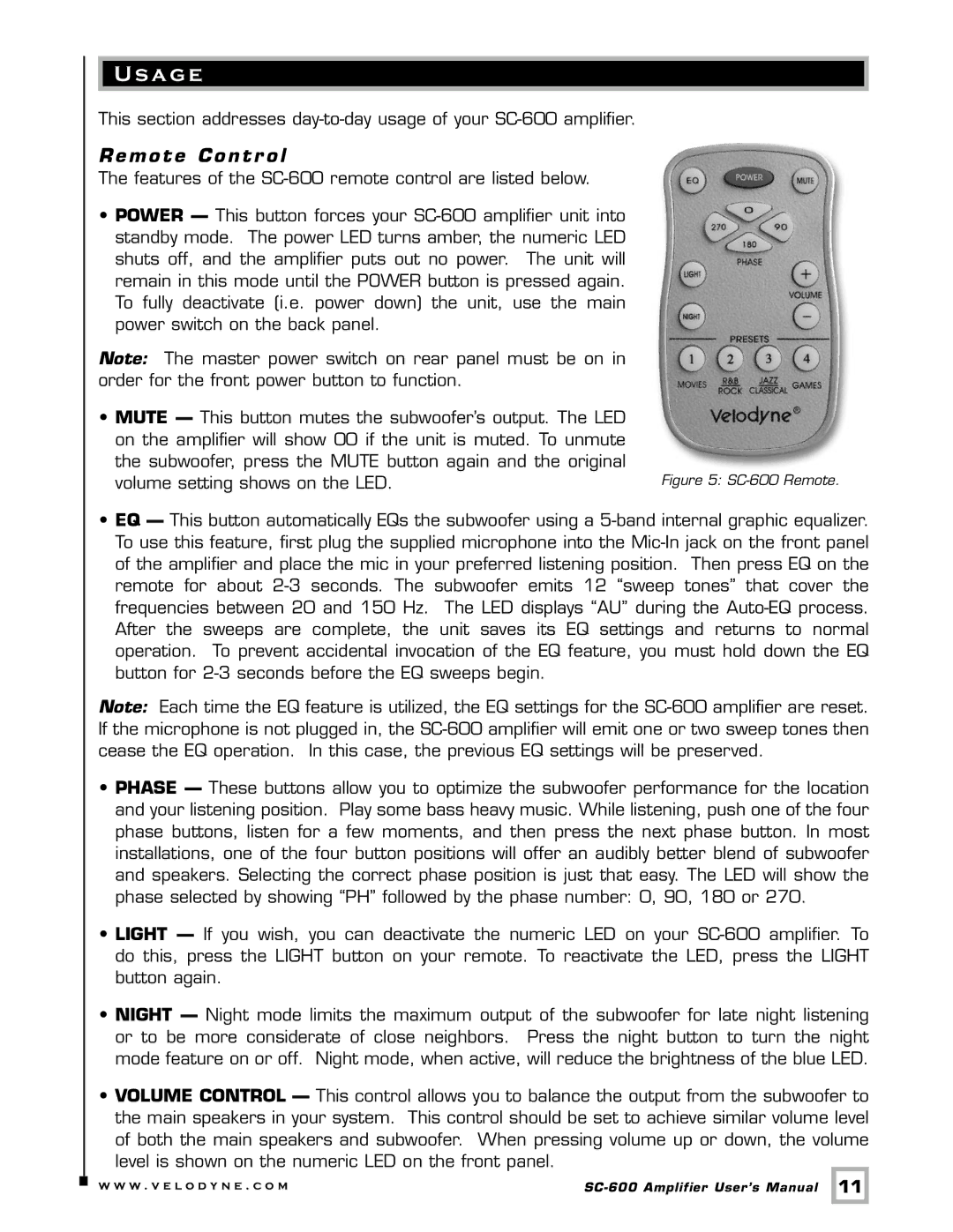 Velodyne Acoustics SC-600 user manual A ge, Remote Contr ol 