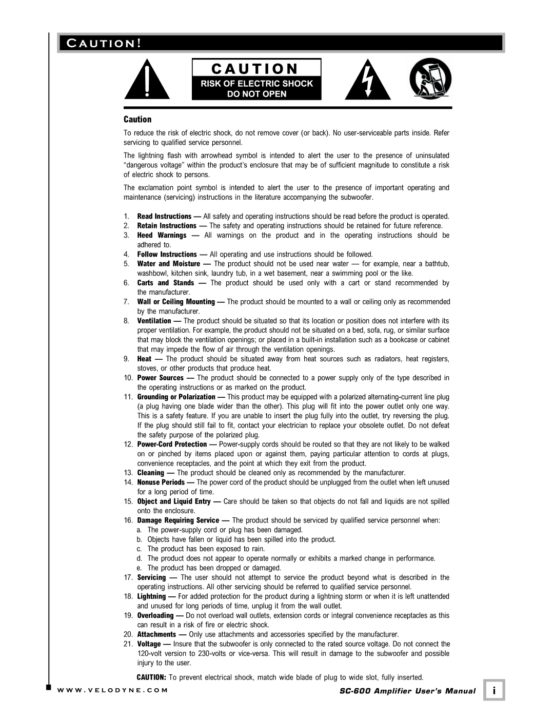 Velodyne Acoustics SC-600 user manual U t i o n 