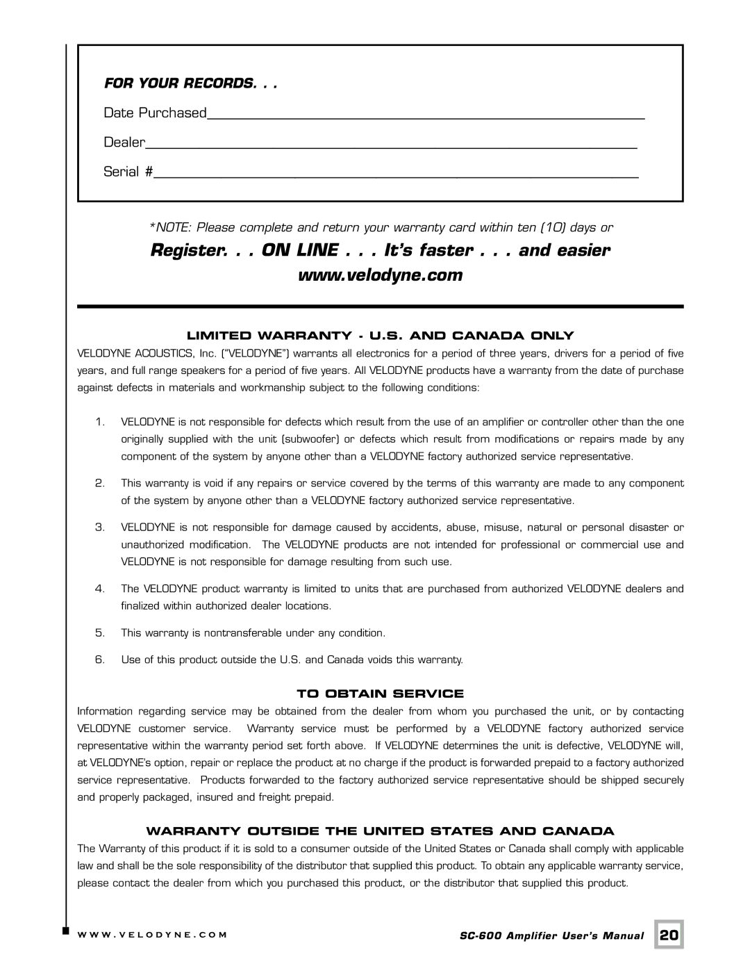 Velodyne Acoustics SC-600 user manual Register. . . on Line . . . It’s faster . . . and easier 