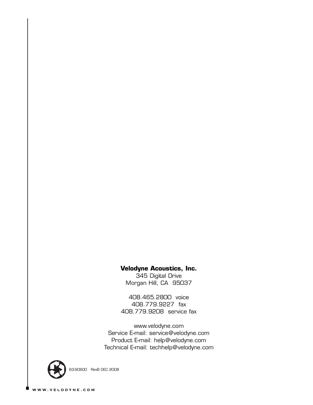 Velodyne Acoustics SC-600 user manual Velodyne Acoustics, Inc 