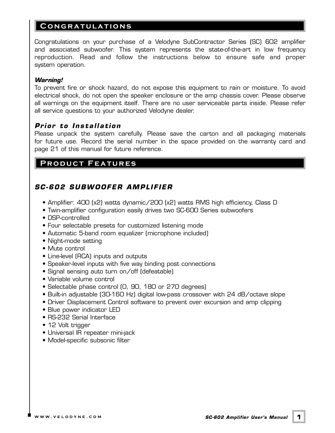 Velodyne Acoustics SC-602 user manual N gr a t u l a t i o n s, Product Features, SC 602 Subwoofer Amplifier 