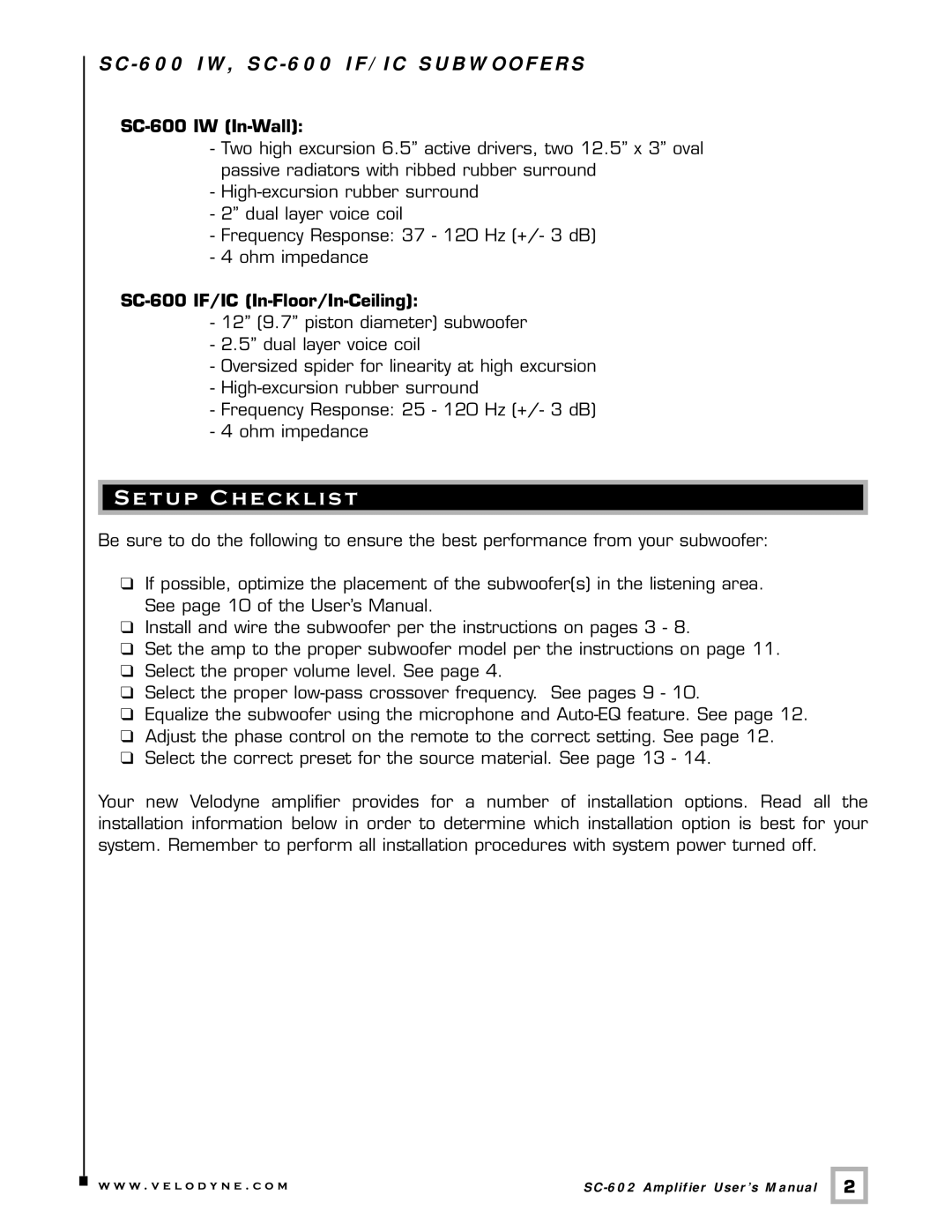 Velodyne Acoustics SC-602 user manual Etup Checklist, SC 600 IW, SC 600 IF/IC Subwoofers, SC-600 IW In-Wall 