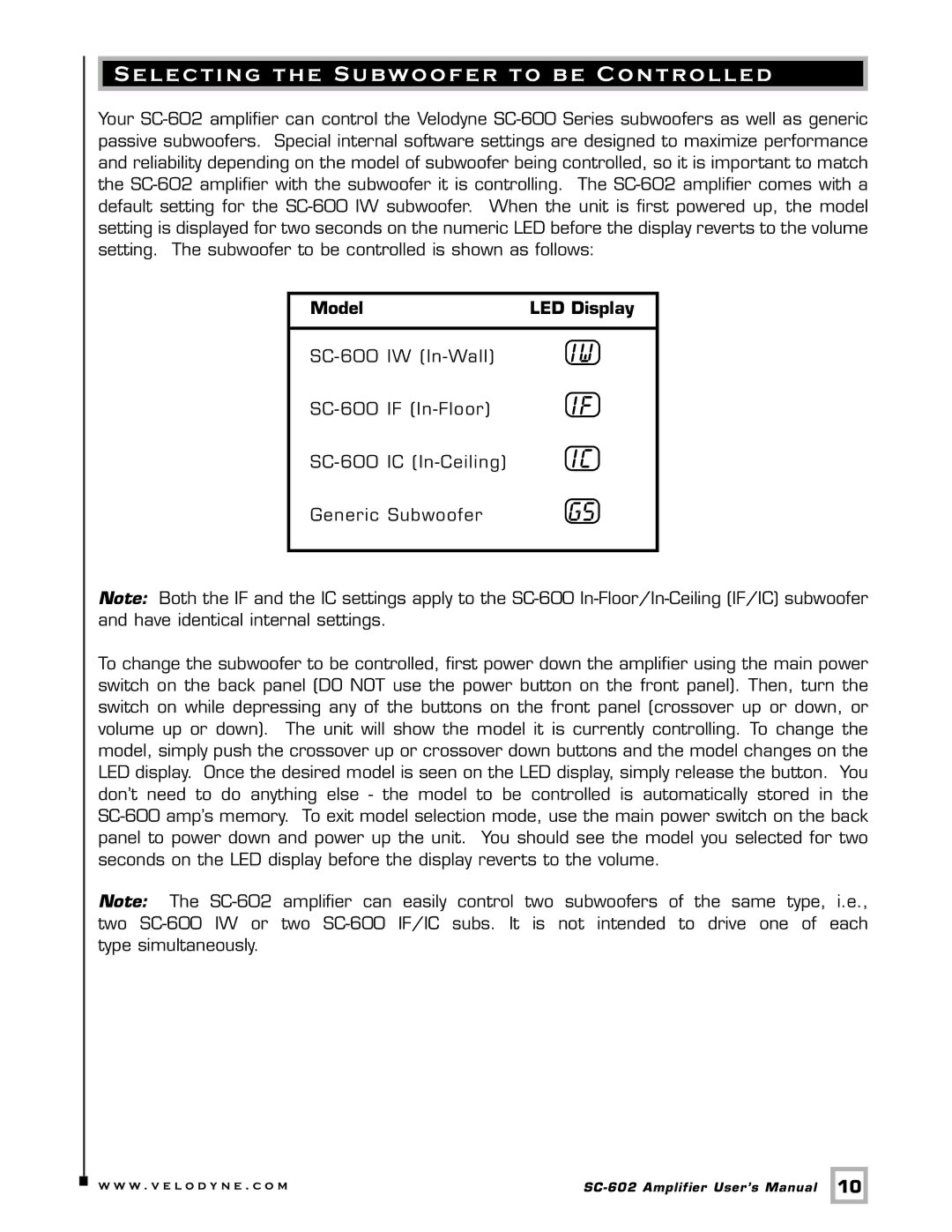 Velodyne Acoustics SC-602 user manual Selecting the Subwoofer to be Controlled, Model LED Display 