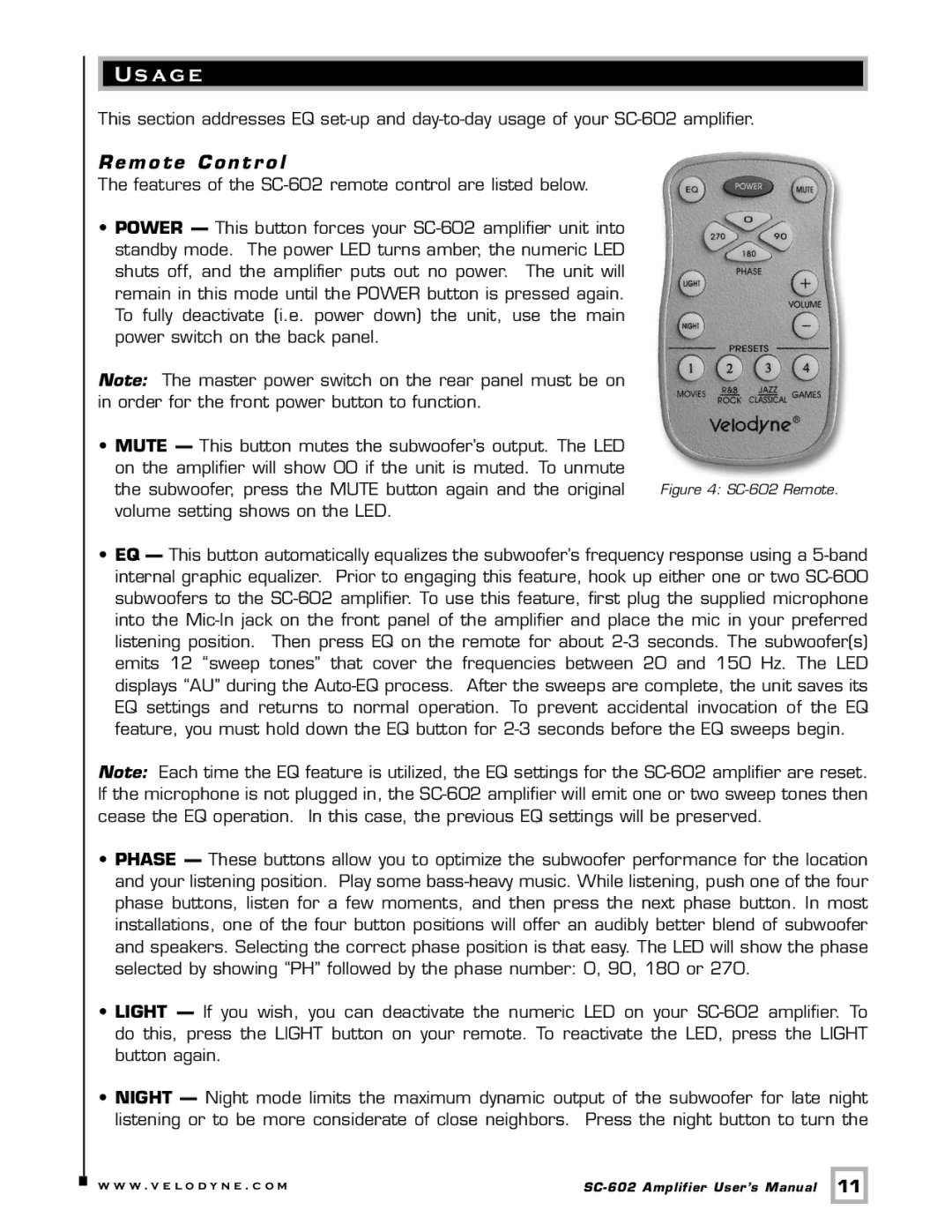 Velodyne Acoustics SC-602 user manual A ge, Remote Contr ol 