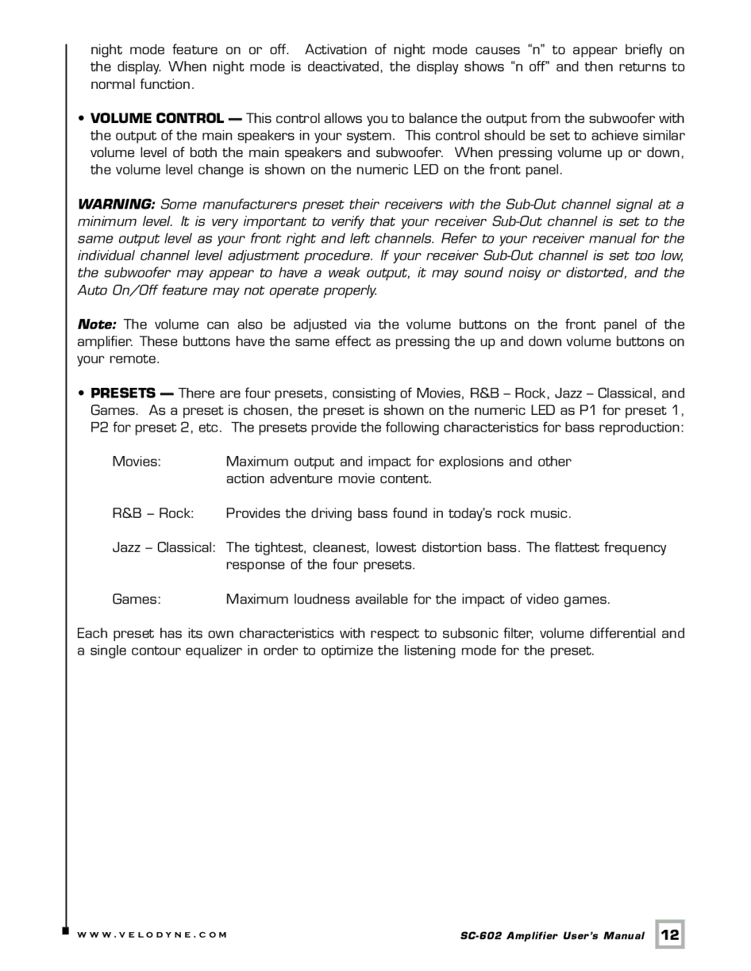 Velodyne Acoustics SC-602 user manual W . v e l o d y n e . c o m 