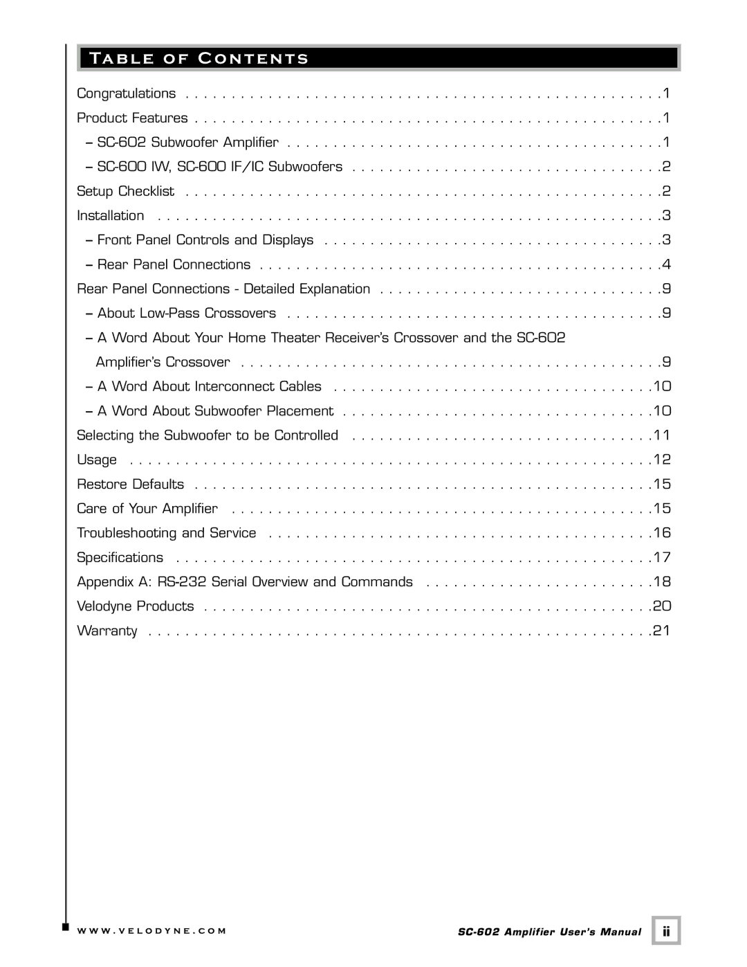 Velodyne Acoustics SC-602 user manual Table of Contents 