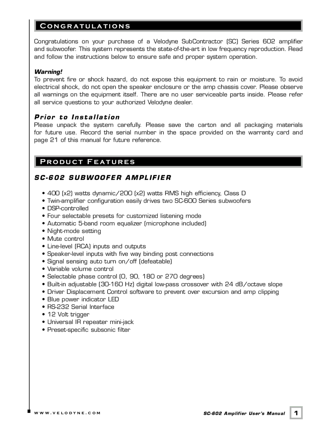 Velodyne Acoustics SC-602 N gr a t u l a t i o n s, Product Features, Prior to Installation, SC 602 Subwoofer Amplifier 