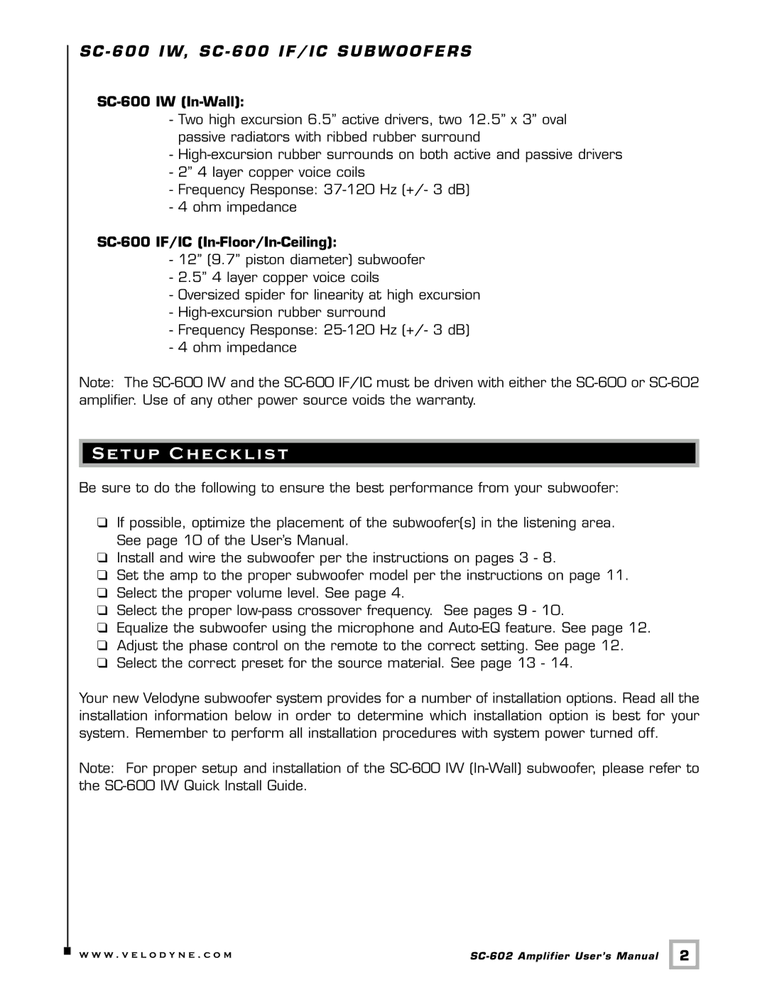 Velodyne Acoustics SC-602 user manual Etup Checklist, SC 600 IW, SC 600 IF/IC Subwoofers, SC-600 IW In-Wall 