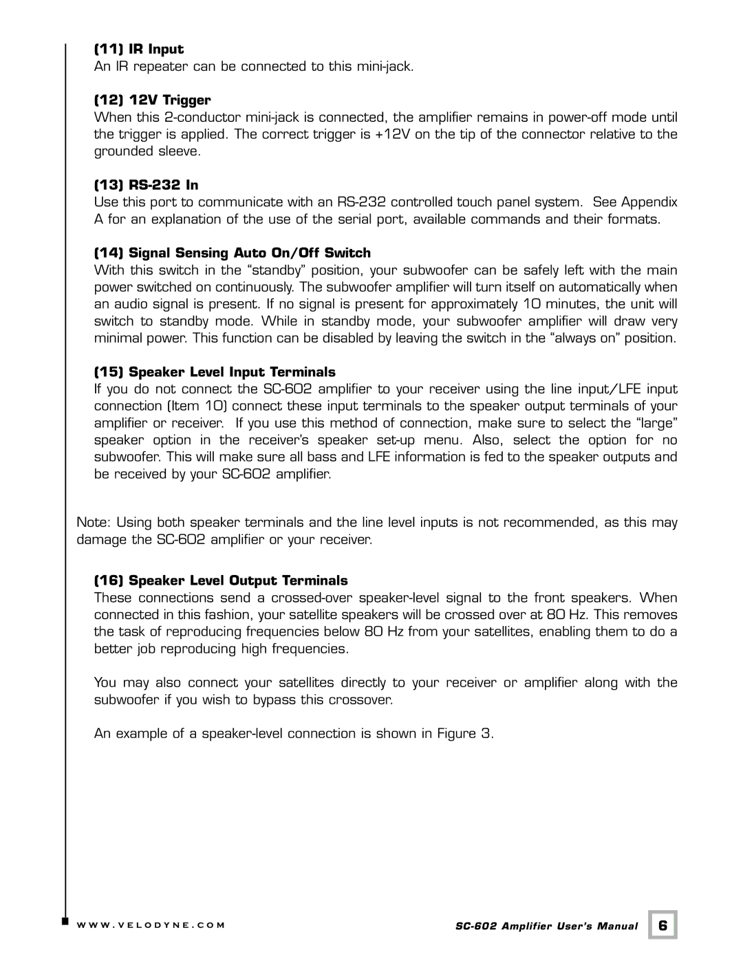 Velodyne Acoustics SC-602 user manual IR Input, 12 12V Trigger, 13 RS-232, Signal Sensing Auto On/Off Switch 