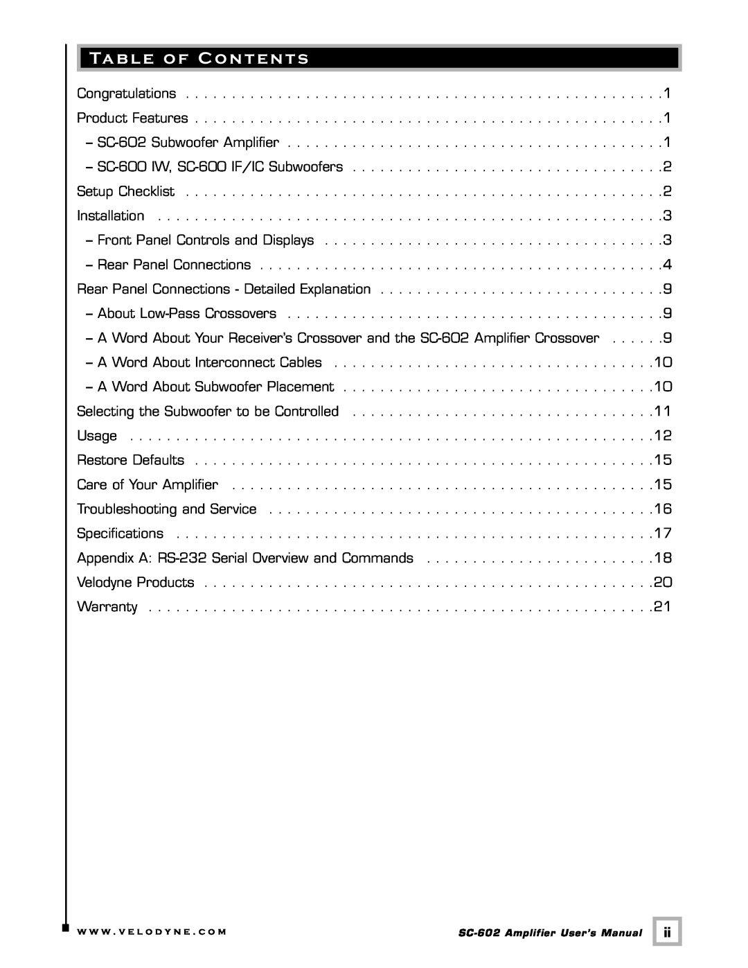 Velodyne Acoustics SC-602 user manual Table of Contents 