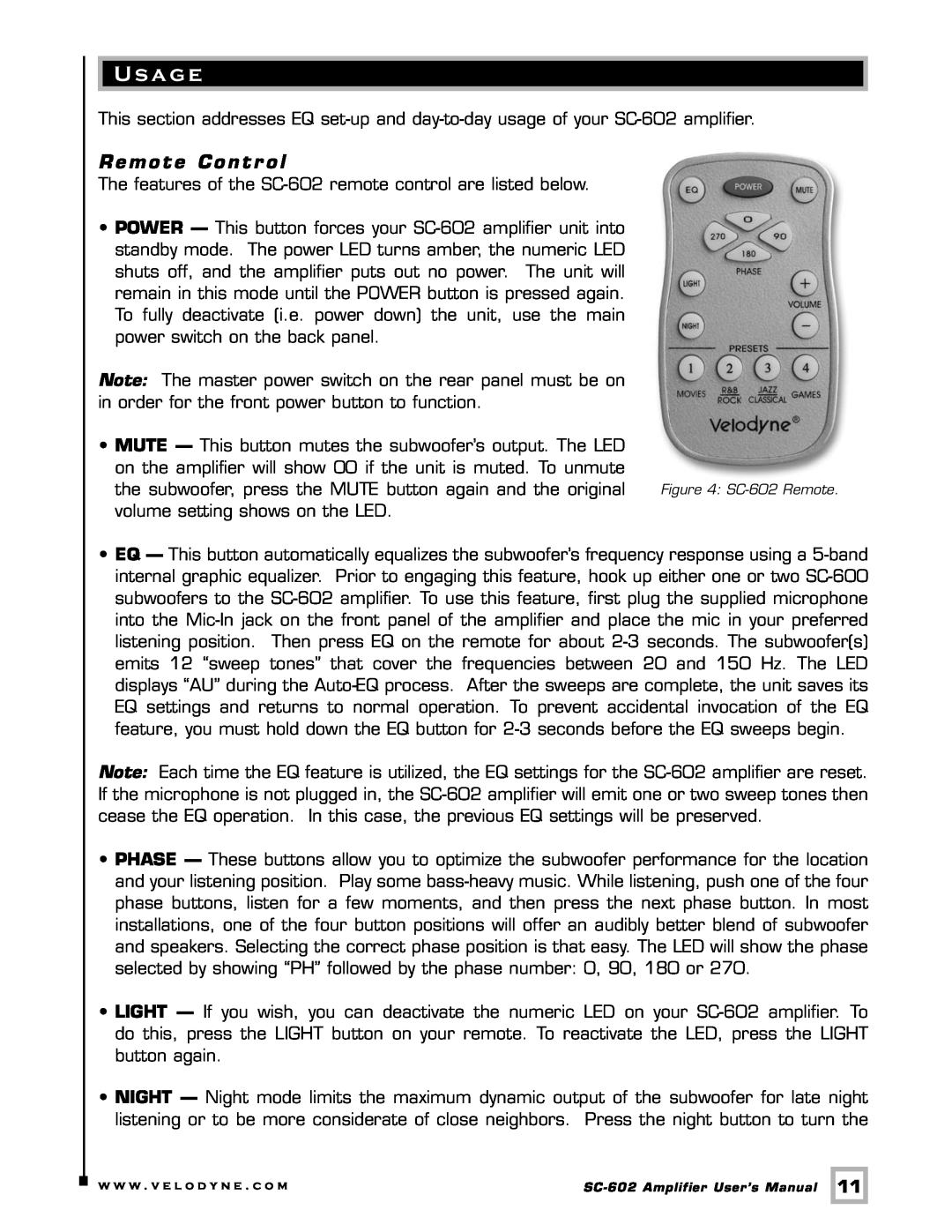 Velodyne Acoustics SC-602 user manual U s a ge, Remote Contr ol 