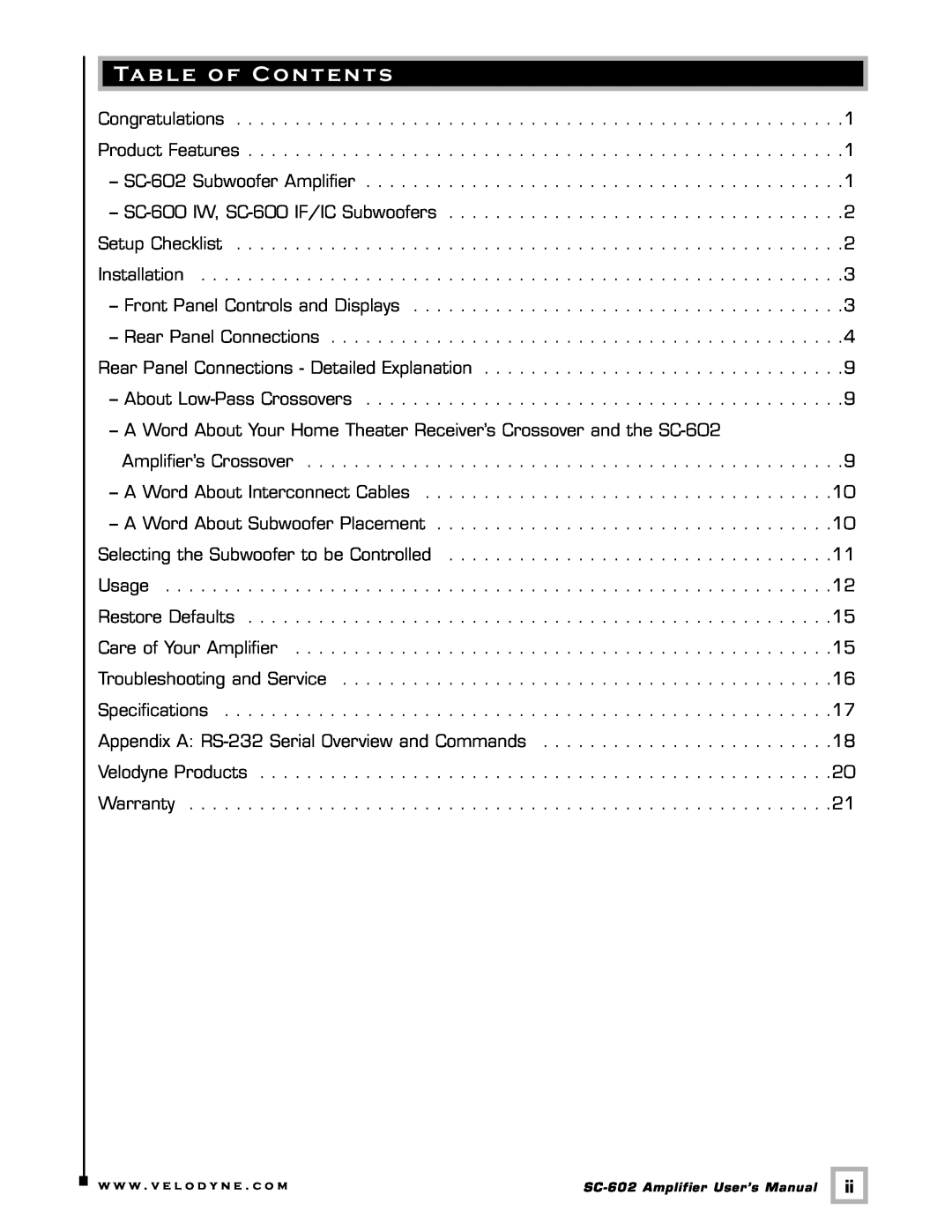 Velodyne Acoustics SC-602 user manual Table of Contents 