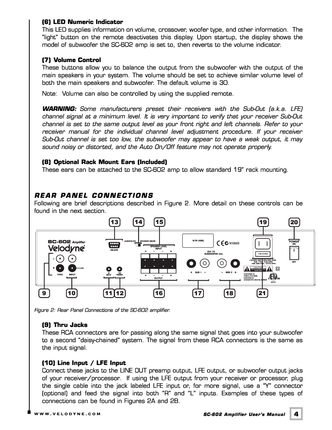 Velodyne Acoustics SC-602 user manual LED Numeric Indicator, Volume Control, Optional Rack Mount Ears Included, Thru Jacks 
