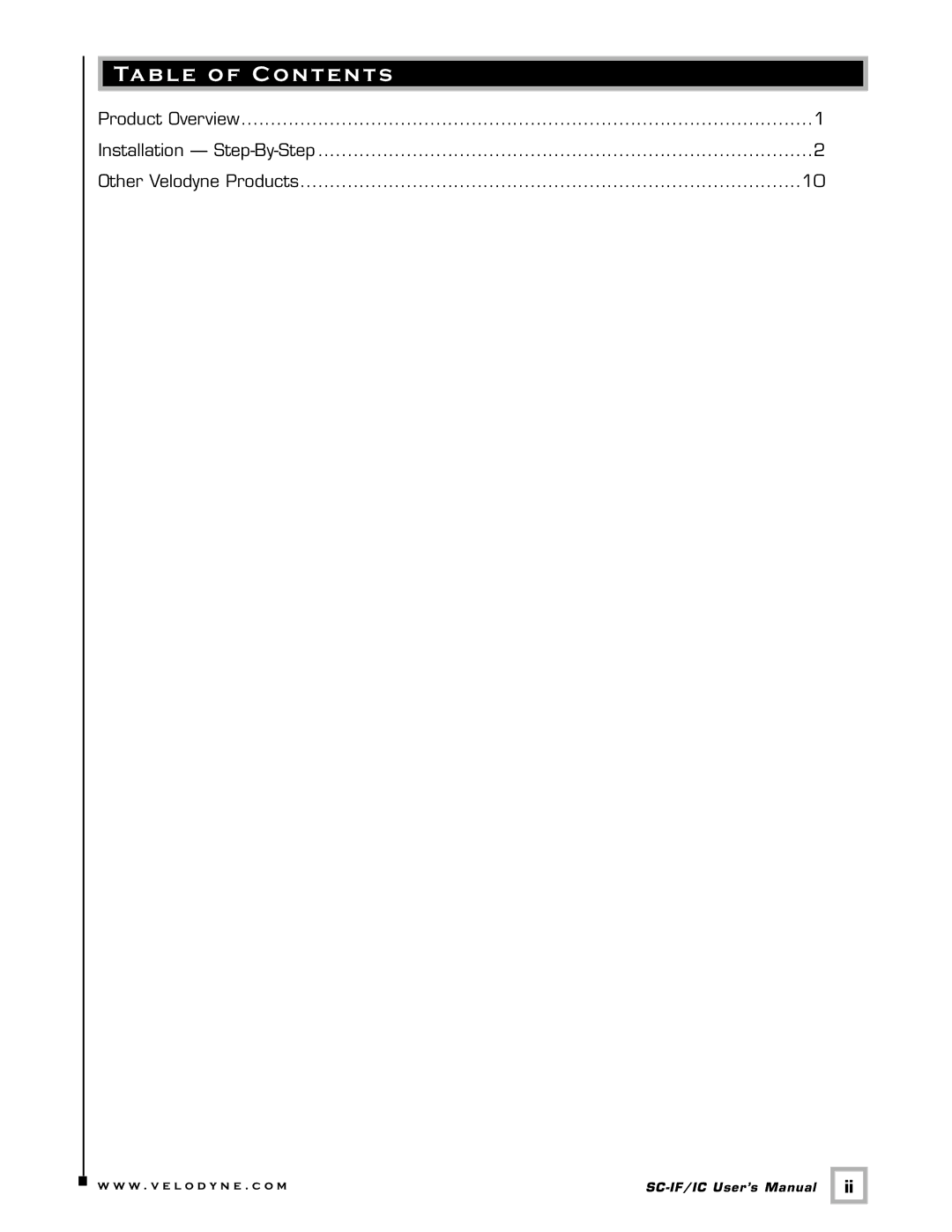 Velodyne Acoustics SC-IF/IC installation manual Table of Contents 