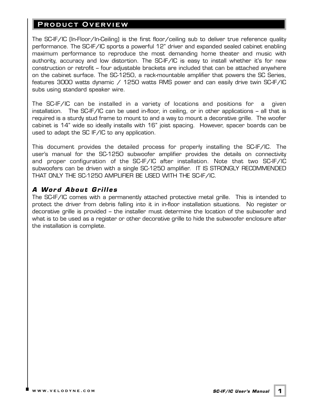 Velodyne Acoustics SC-IF/IC installation manual Product Overview, Wor d About Grilles 