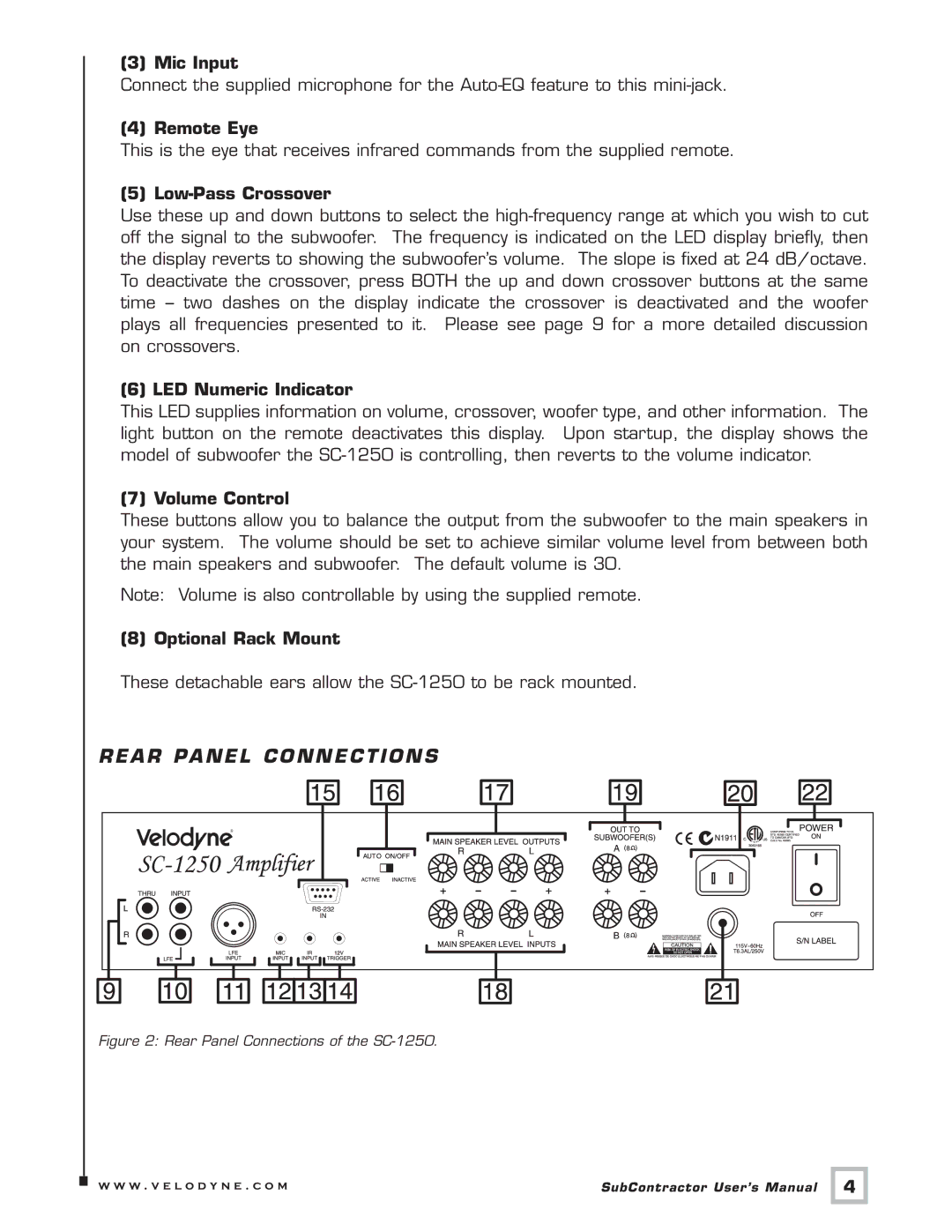 Velodyne Acoustics SC-IF, SC-IW, SC-10 Mic Input, Remote Eye, Low-Pass Crossover, LED Numeric Indicator, Volume Control 