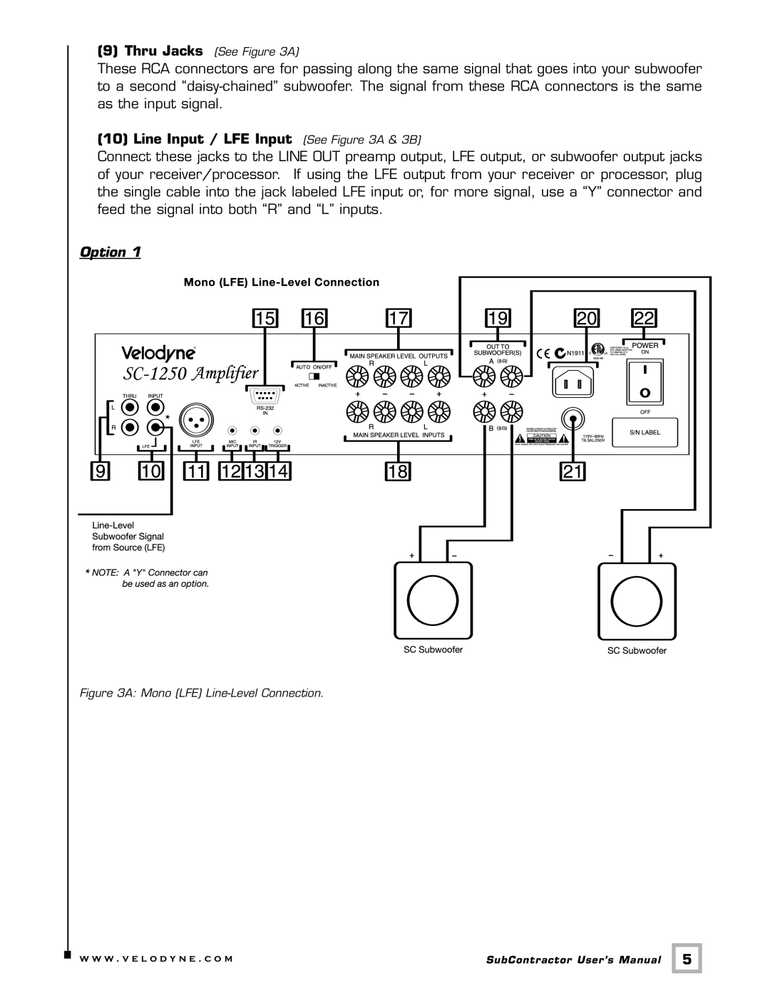 Velodyne Acoustics SC-10, SC-IW, SC-1250 Amplifier, SC-IF Line Input / LFE Input See a & 3B, Mono LFE Line-Level Connection 