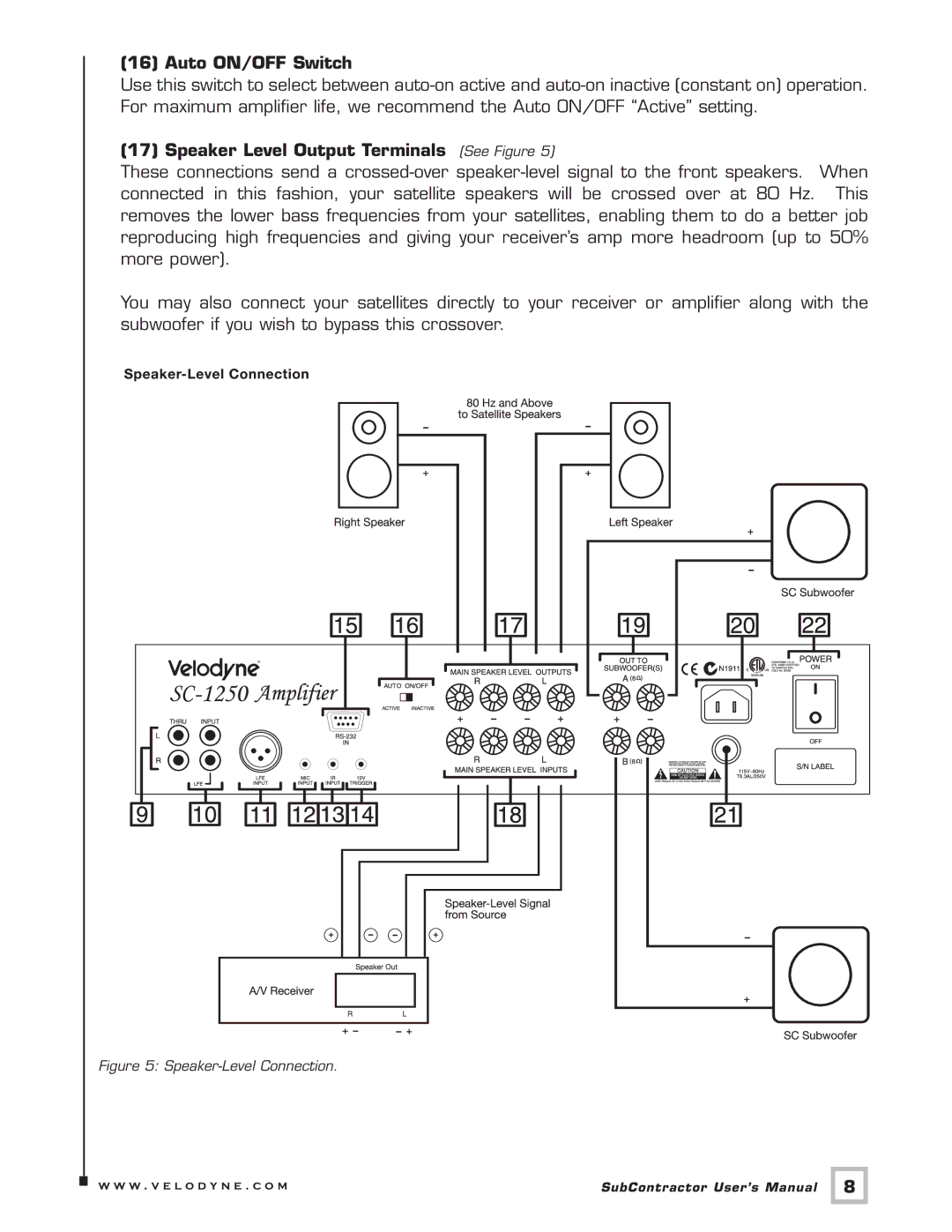 Velodyne Acoustics SC-15, SC-IW, SC-1250 Amplifier, SC-IF, SC-8 Auto ON/OFF Switch, Speaker Level Output Terminals See Figure 