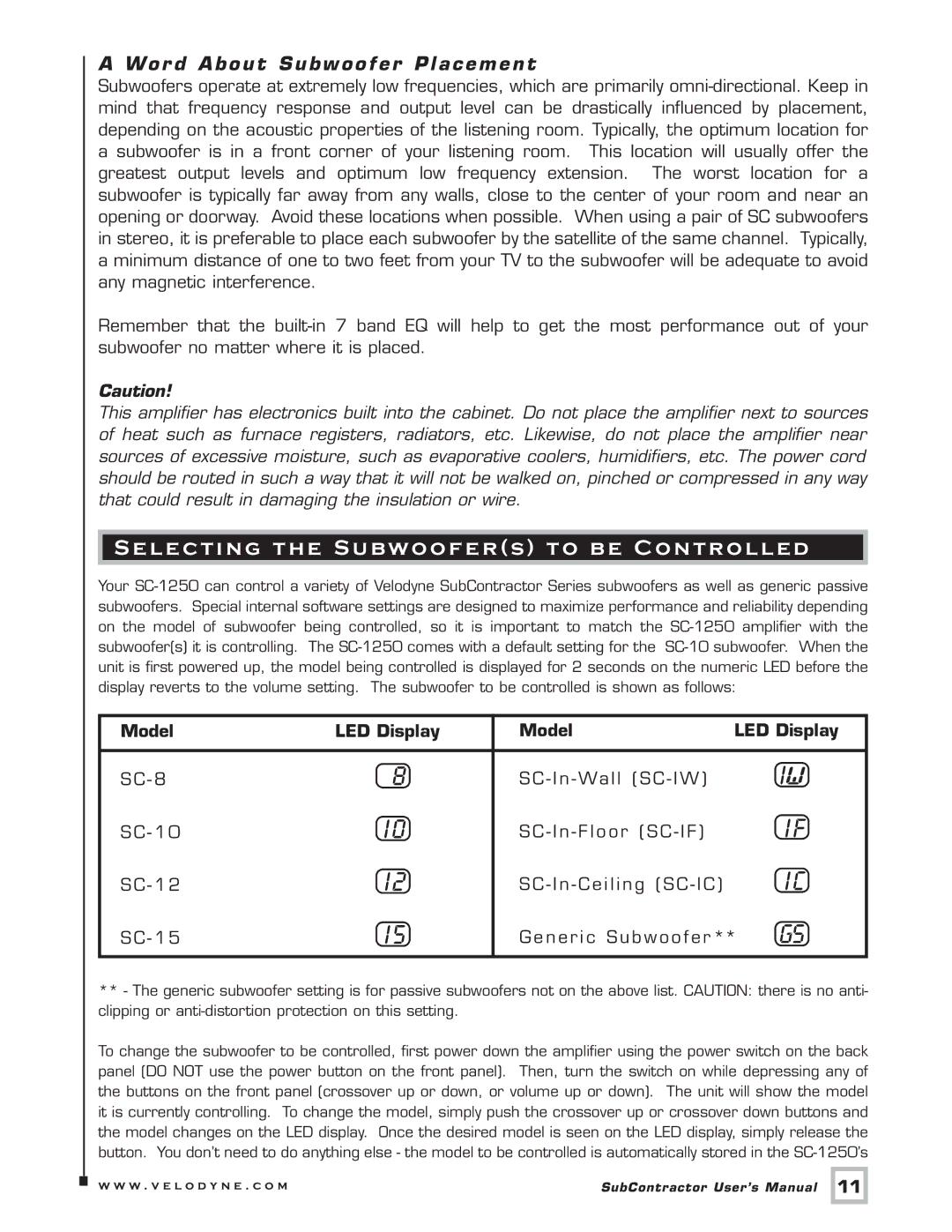 Velodyne Acoustics SC-1250 Amplifier, SC-IW Selecting the Subwoofers to be Controlled, Wor d About Subwoofer Placement 