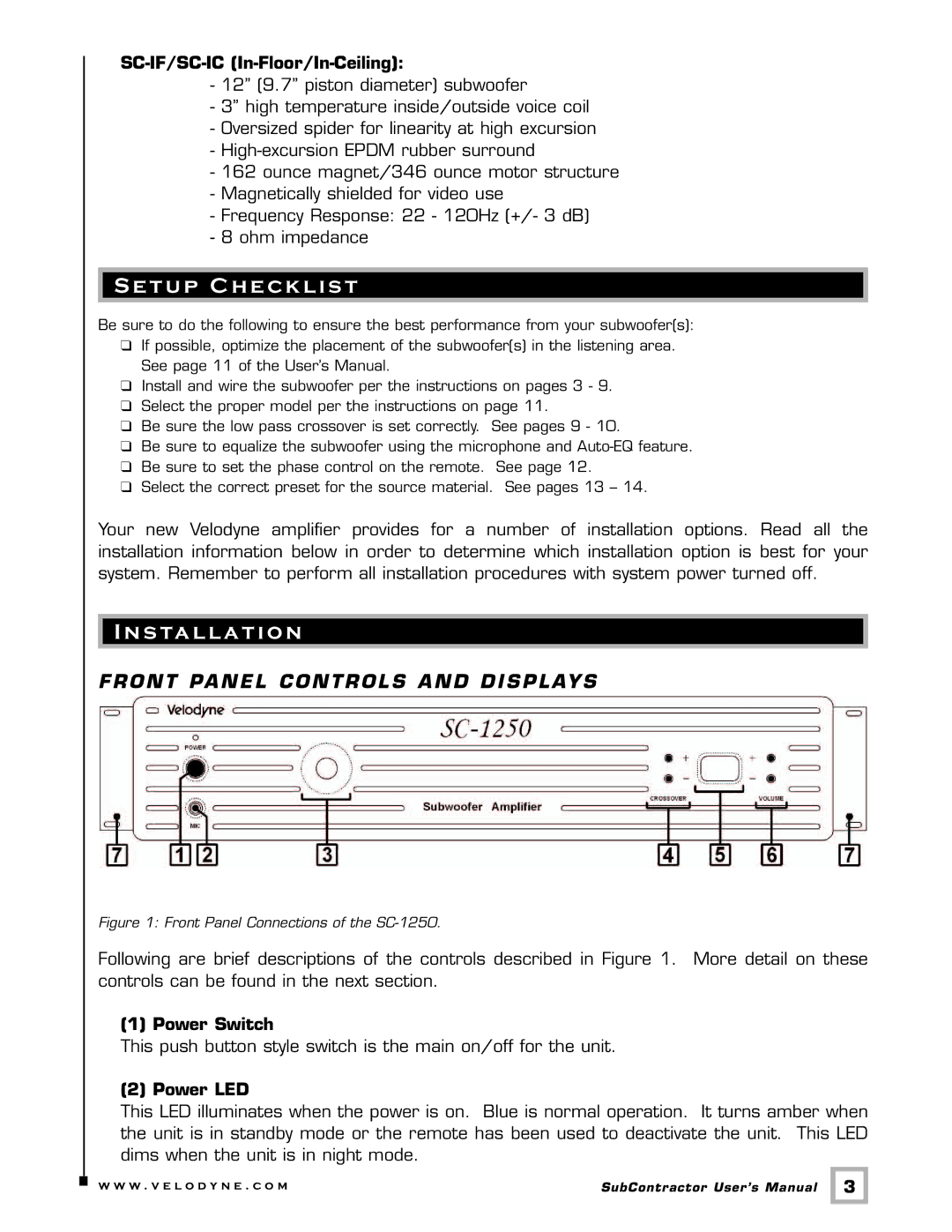 Velodyne Acoustics SC-1250 Amplifier Setup Checklist, S ta l l a t i o n, SC-IF/SC-IC In-Floor/In-Ceiling, Power Switch 