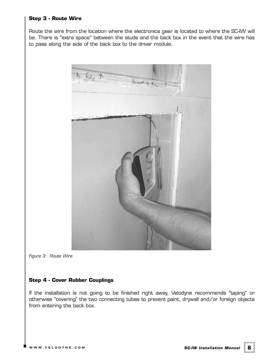 Velodyne Acoustics SC-IW installation manual Route Wire, Cover Rubber Couplings 