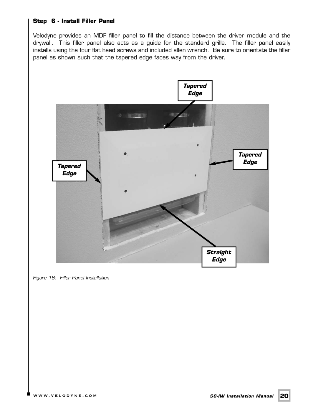 Velodyne Acoustics SC-IW installation manual Install Filler Panel, Tapered Edge Straight 