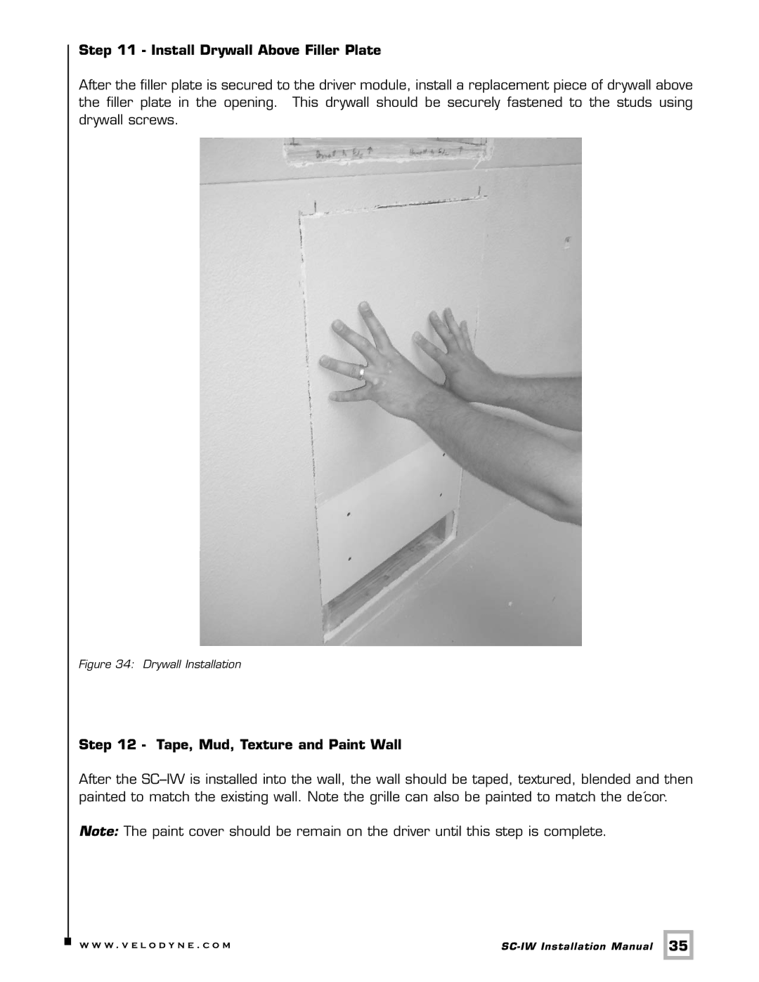 Velodyne Acoustics SC-IW installation manual Install Drywall Above Filler Plate, Tape, Mud, Texture and Paint Wall 