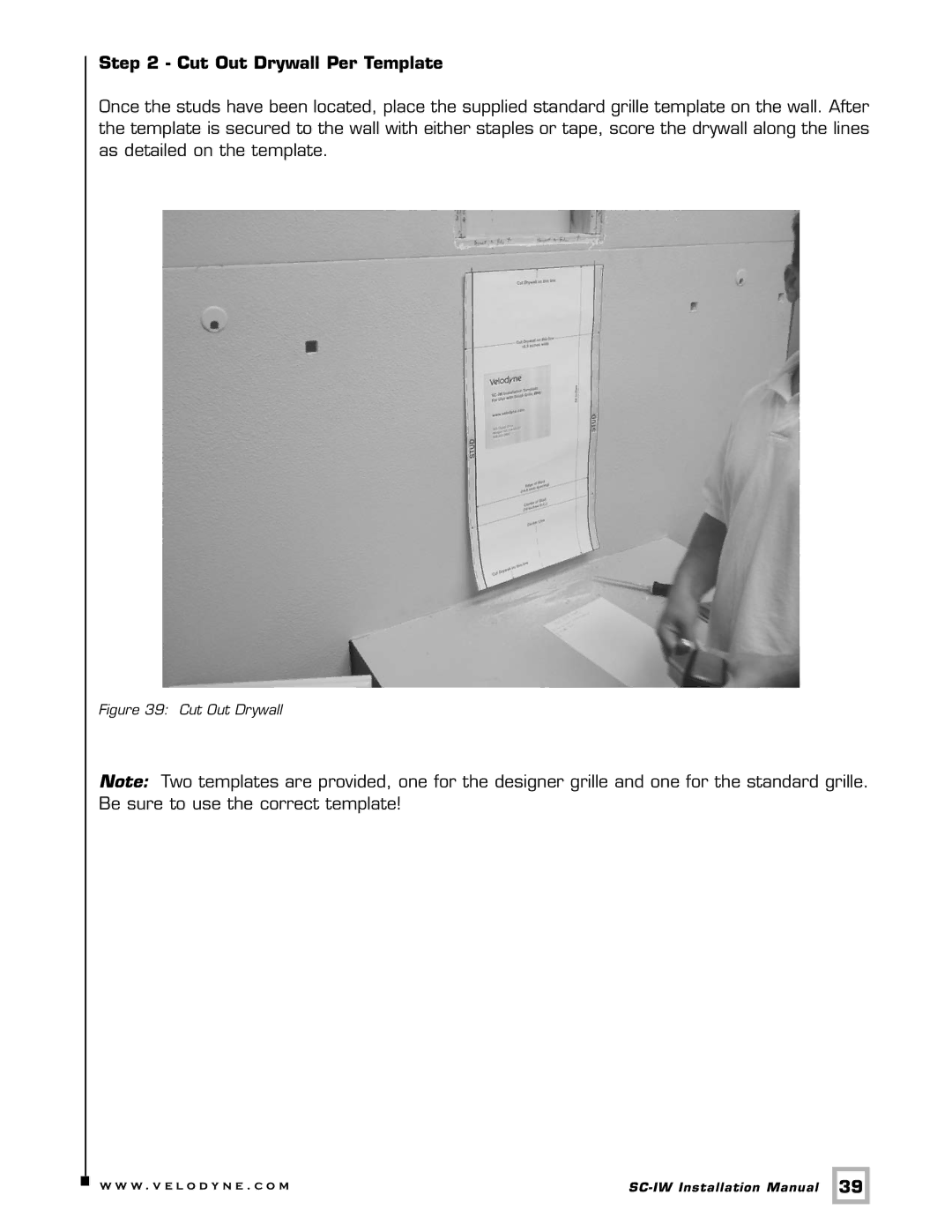 Velodyne Acoustics SC-IW installation manual Cut Out Drywall 