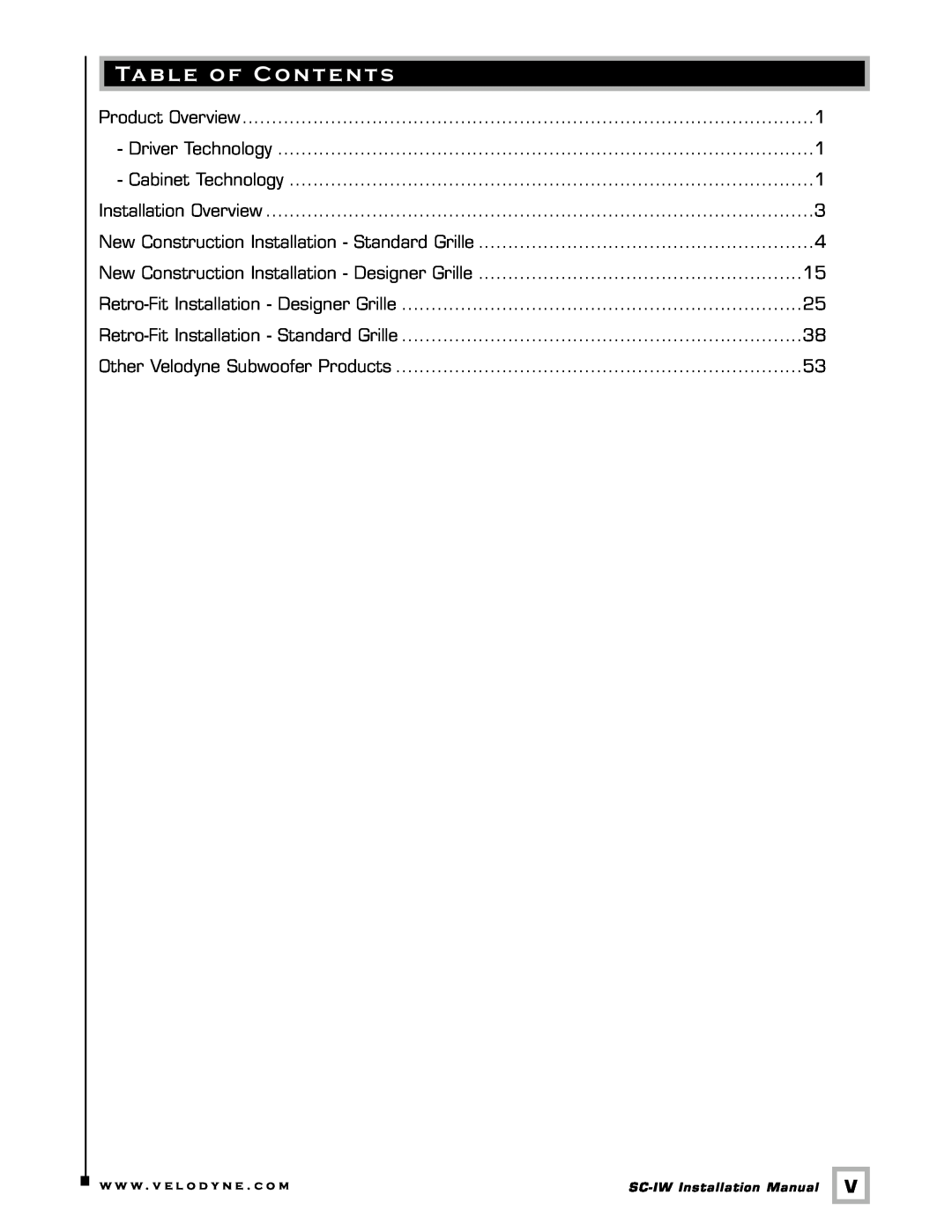Velodyne Acoustics SC-IW installation manual Table of Contents 