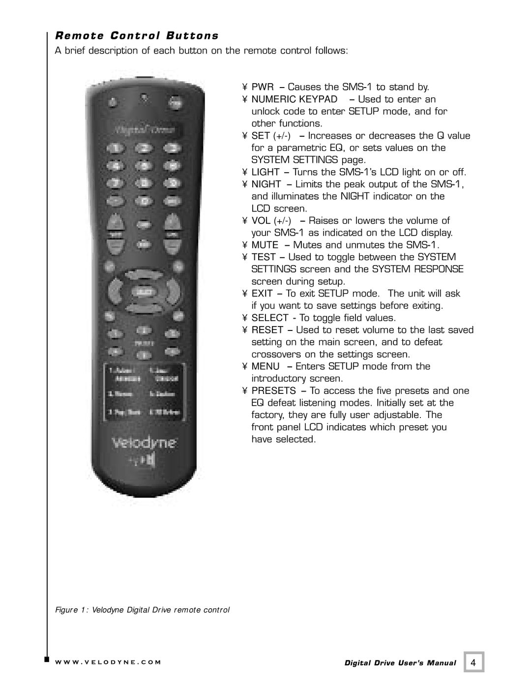 Velodyne Acoustics SMS -1 user manual Remote Contr ol Buttons, Velodyne Digital Drive remote control 