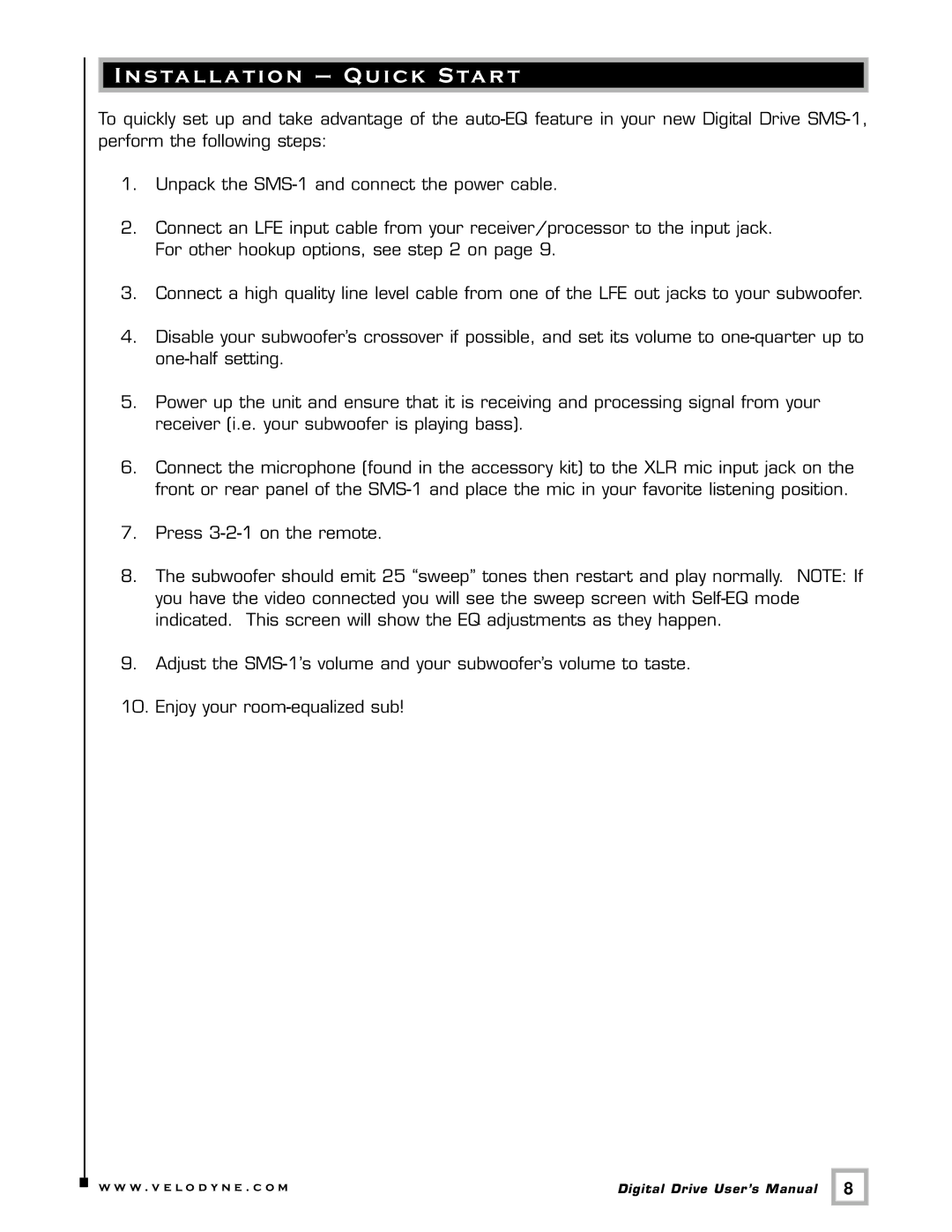 Velodyne Acoustics SMS -1 user manual Installation Quick Start 