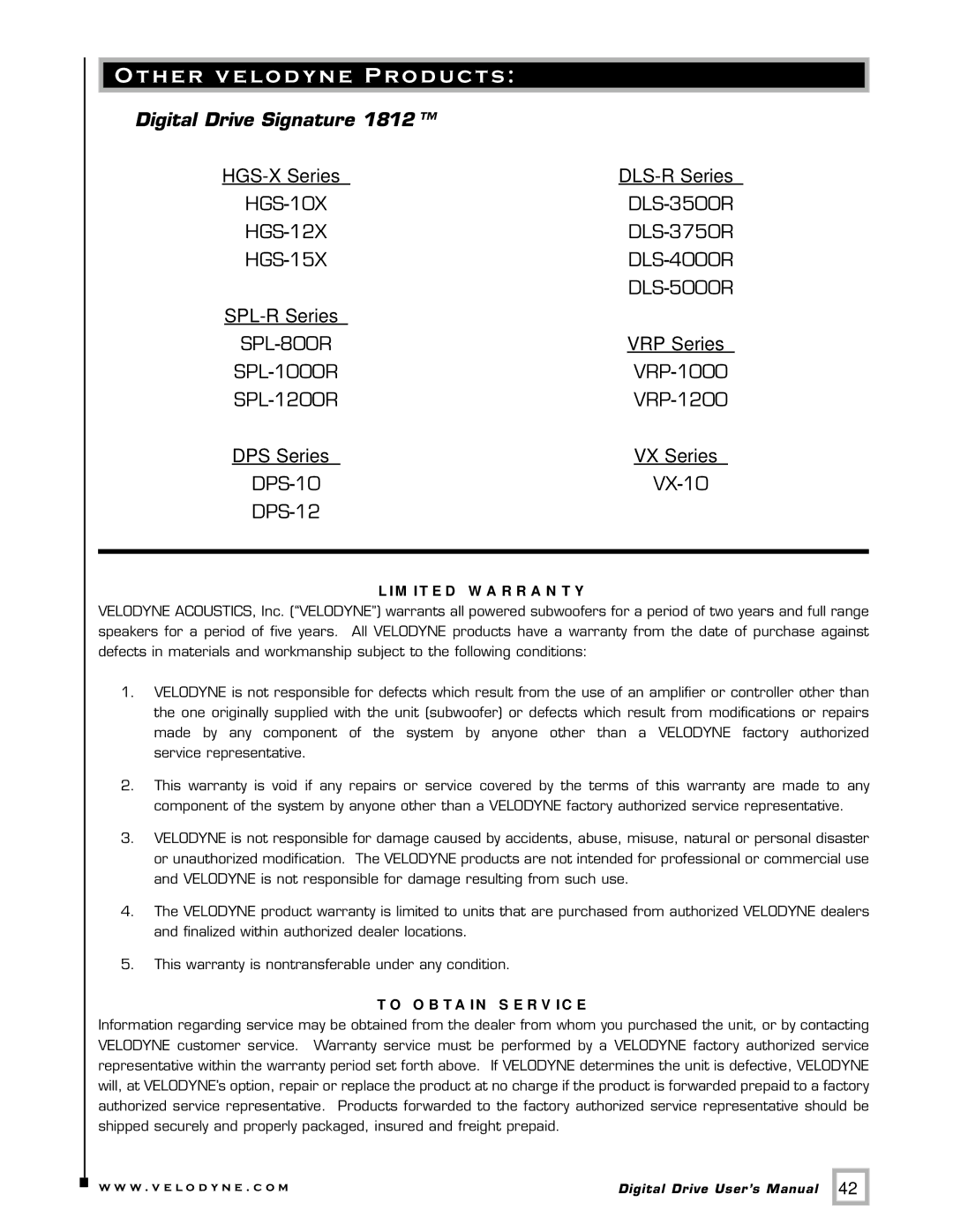 Velodyne Acoustics SMS -1 user manual Other velodyne Products, Digital Drive Signature 