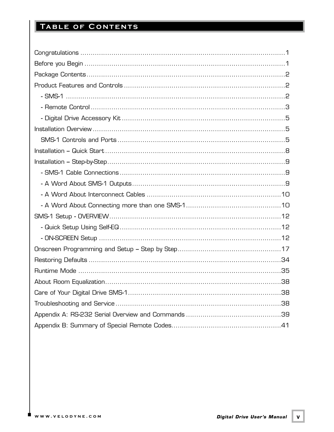 Velodyne Acoustics SMS -1 user manual Table of Contents 