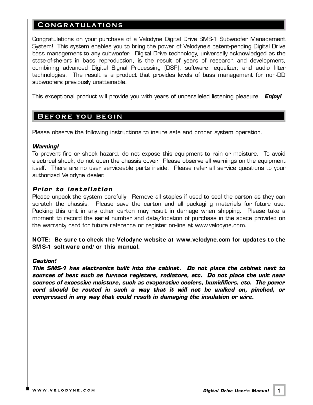 Velodyne Acoustics SMS -1 user manual N gr a t u l a t i o n s, Before you begin, I o r to installation 