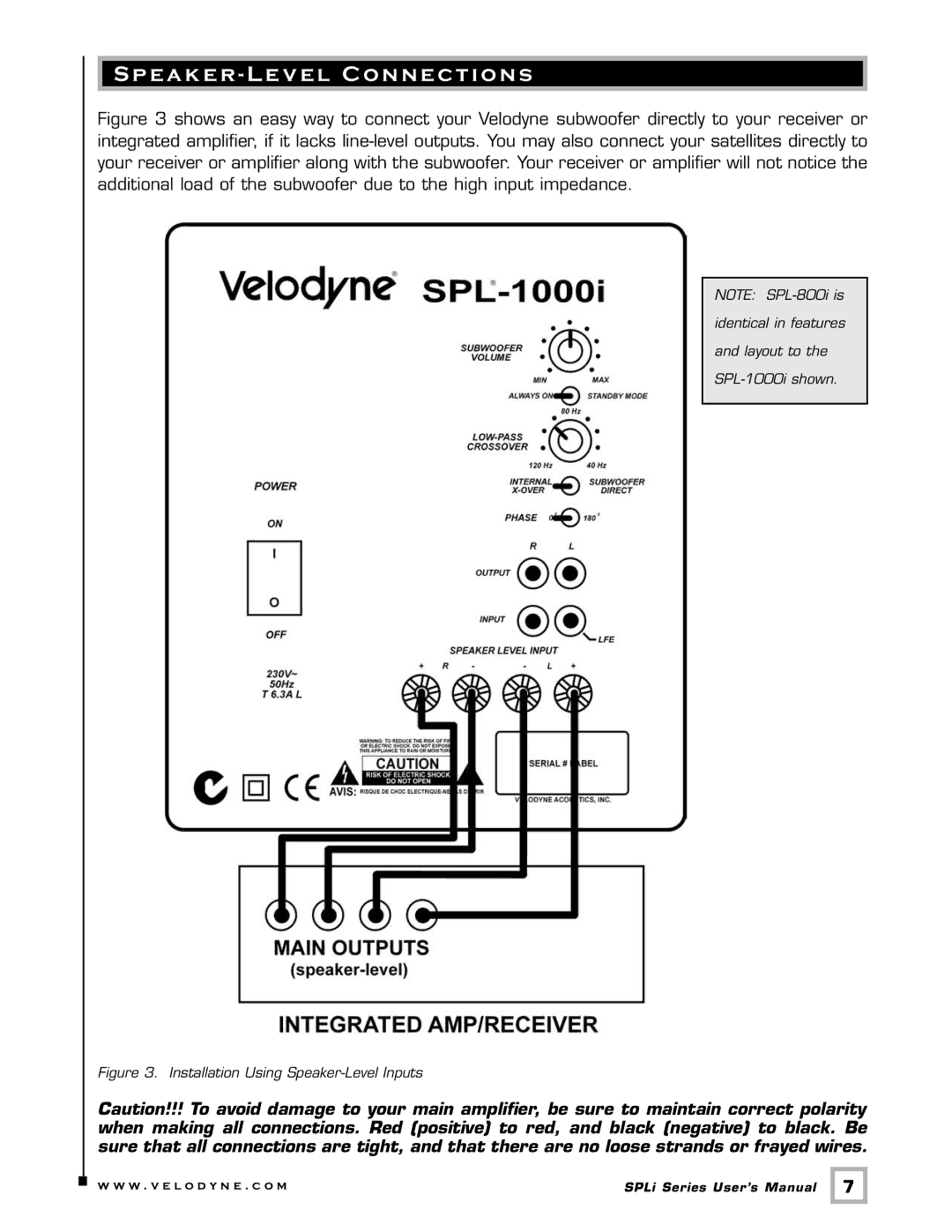 Velodyne Acoustics SPL-1000I user manual Speaker Level Connections, Installation Using Speaker-Level Inputs 