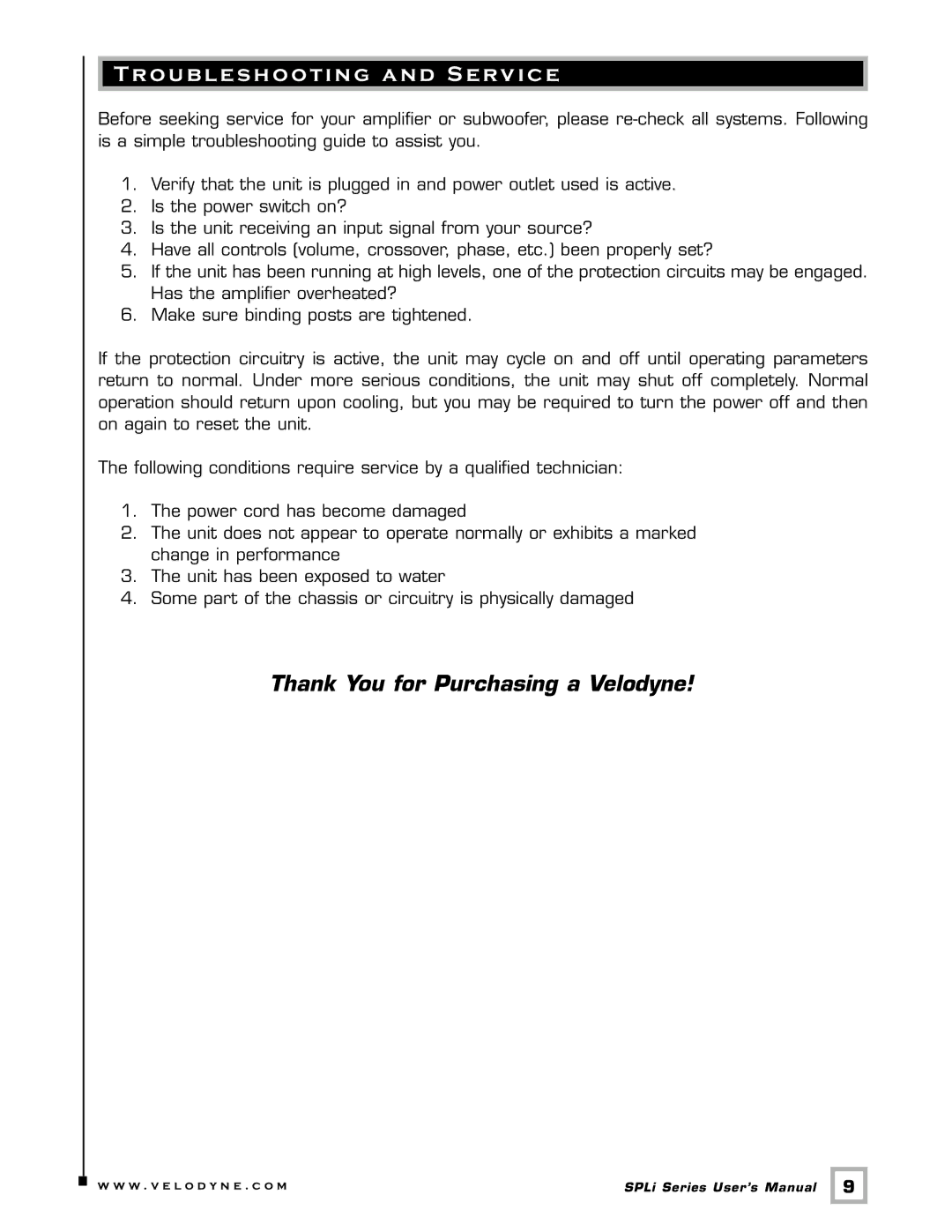 Velodyne Acoustics SPL-1000I user manual Troubleshooting and Service 