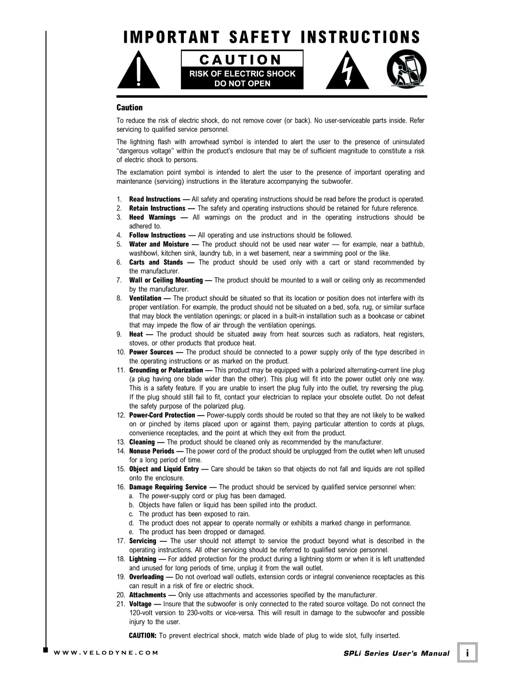 Velodyne Acoustics SPL-1000I user manual Important Safety Instructions 