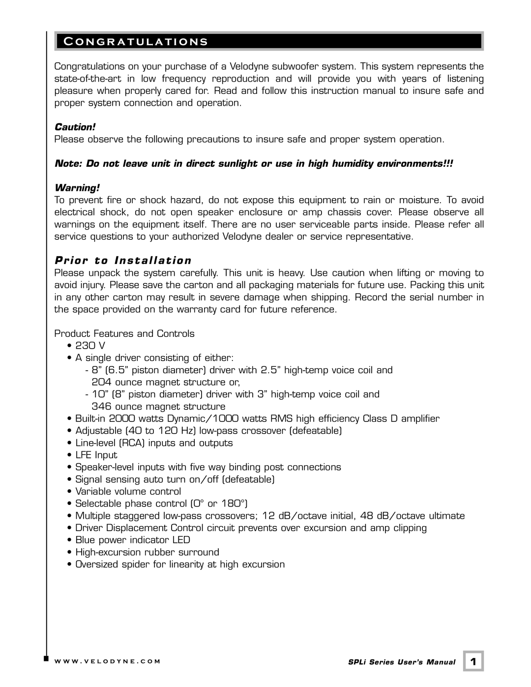 Velodyne Acoustics SPL-1000I user manual CongratulationsRestoring Defaults, Prior to Installation 