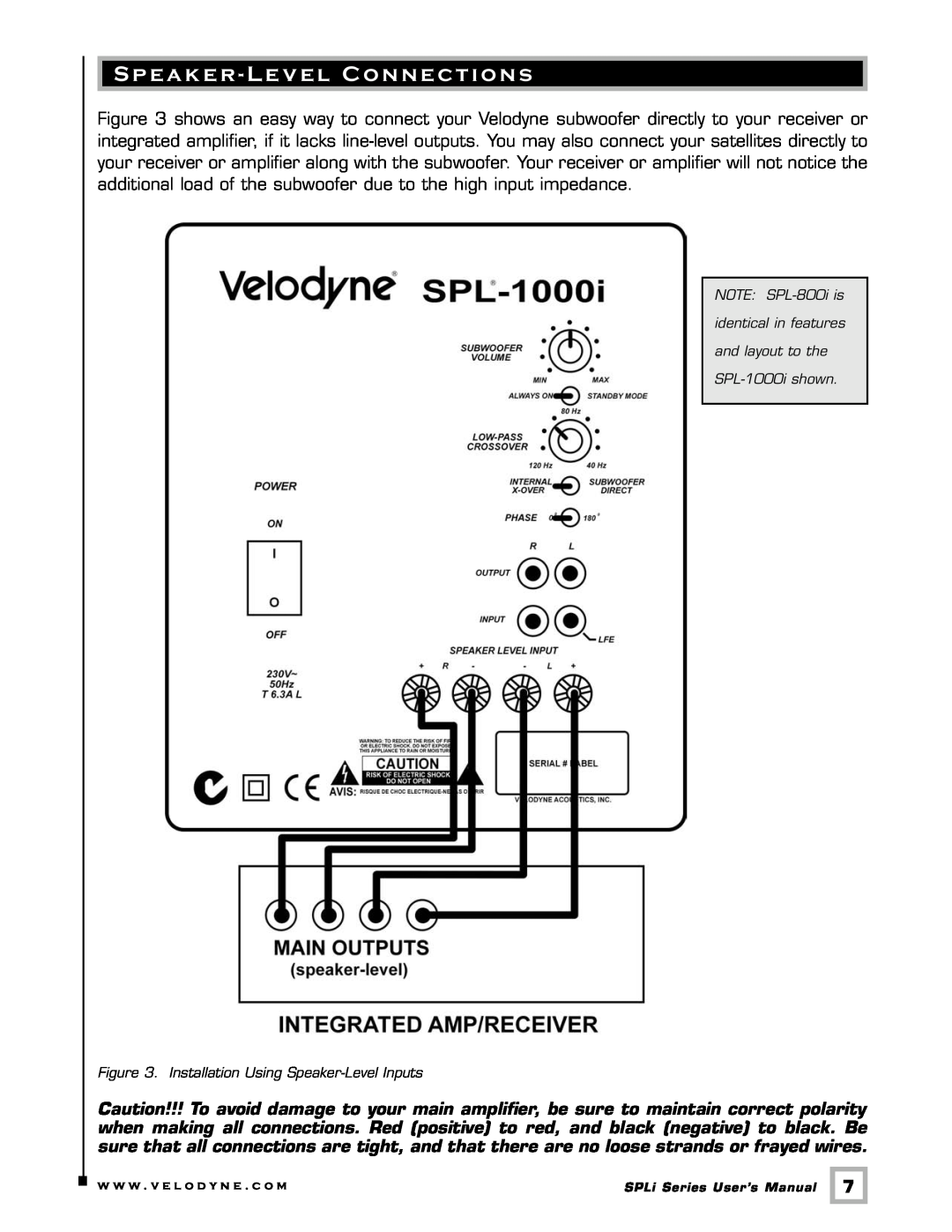 Velodyne Acoustics SPL-1000I user manual Speaker - Level Connections 