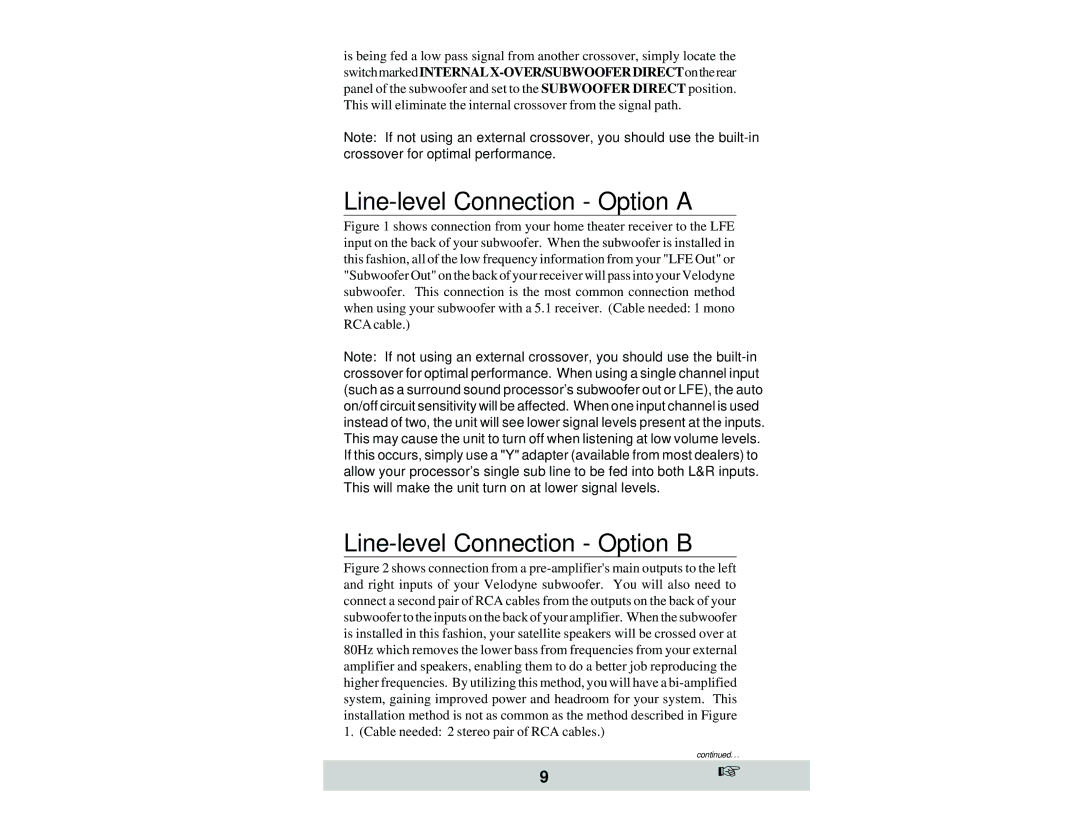 Velodyne Acoustics SPL-1000, SPL-800, and SPL-1200 Line-level Connection Option a, Line-level Connection Option B 