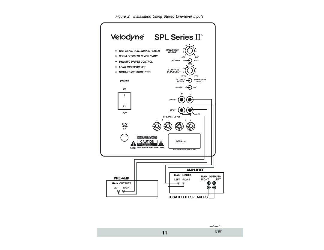 Velodyne Acoustics SPL-800, SPL-1000, and SPL-1200 owner manual Installation Using Stereo Line-level Inputs 