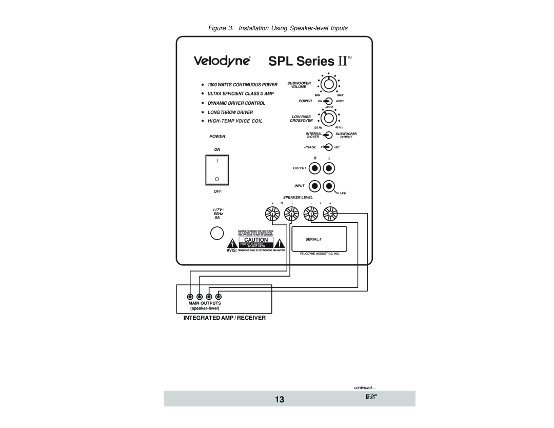 Velodyne Acoustics and SPL-1200, SPL-800, SPL-1000 owner manual Installation Using Speaker-level Inputs 