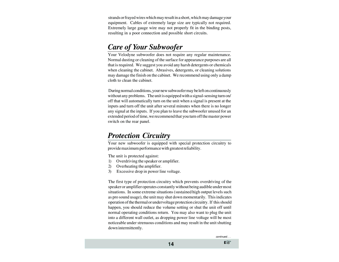 Velodyne Acoustics SPL-800, SPL-1000, and SPL-1200 owner manual Care of Your Subwoofer, Protection Circuitry 