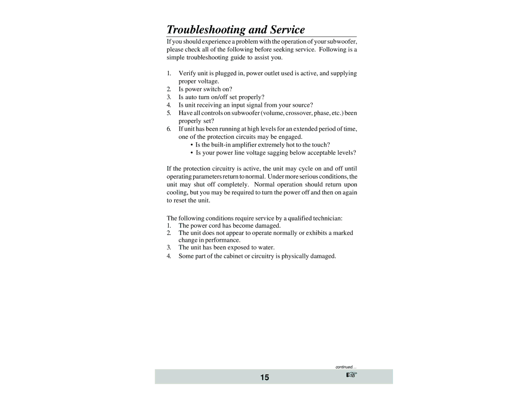 Velodyne Acoustics SPL-1000, SPL-800, and SPL-1200 owner manual Troubleshooting and Service 