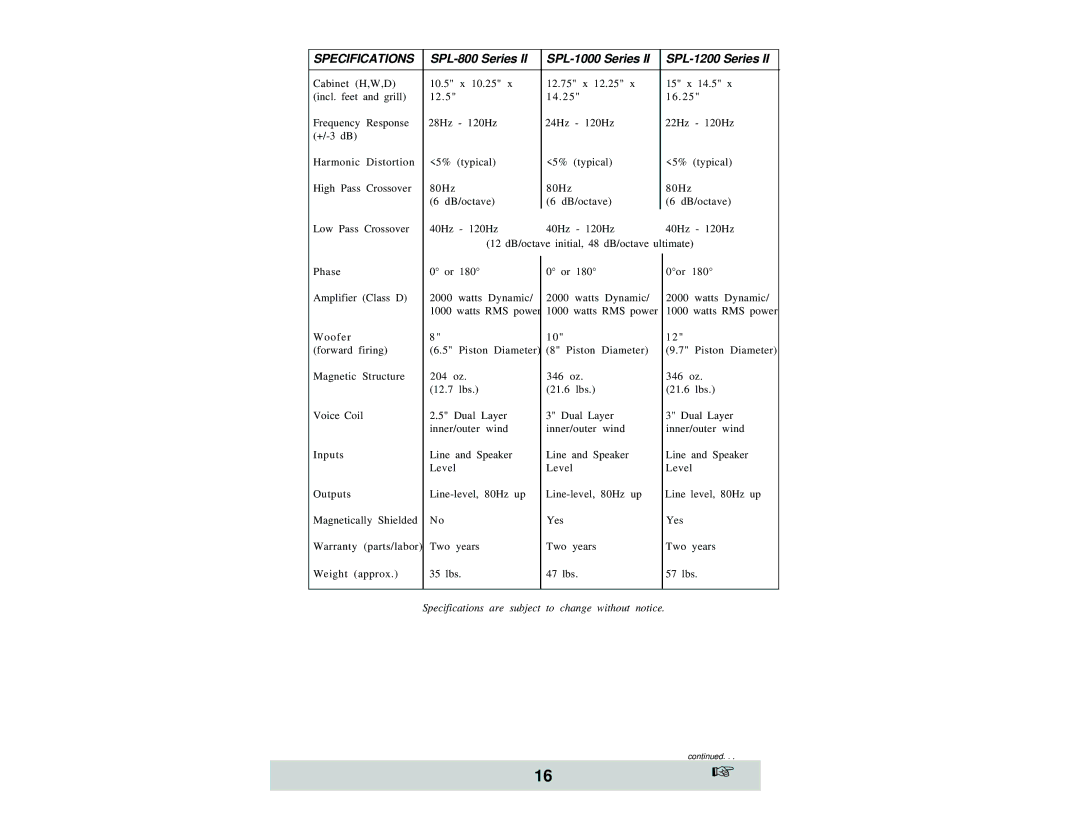 Velodyne Acoustics and SPL-1200, SPL-800, SPL-1000 owner manual Specifications 