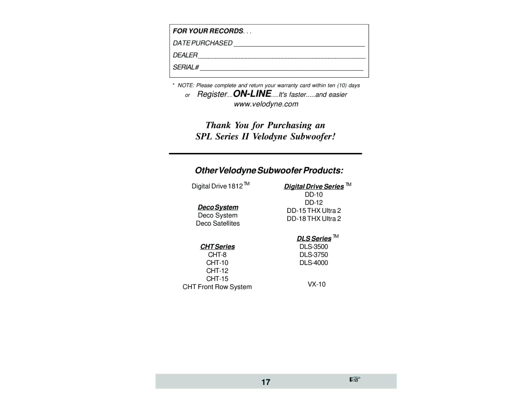 Velodyne Acoustics SPL-800, SPL-1000, and SPL-1200 owner manual Thank You for Purchasing an SPL Series II Velodyne Subwoofer 