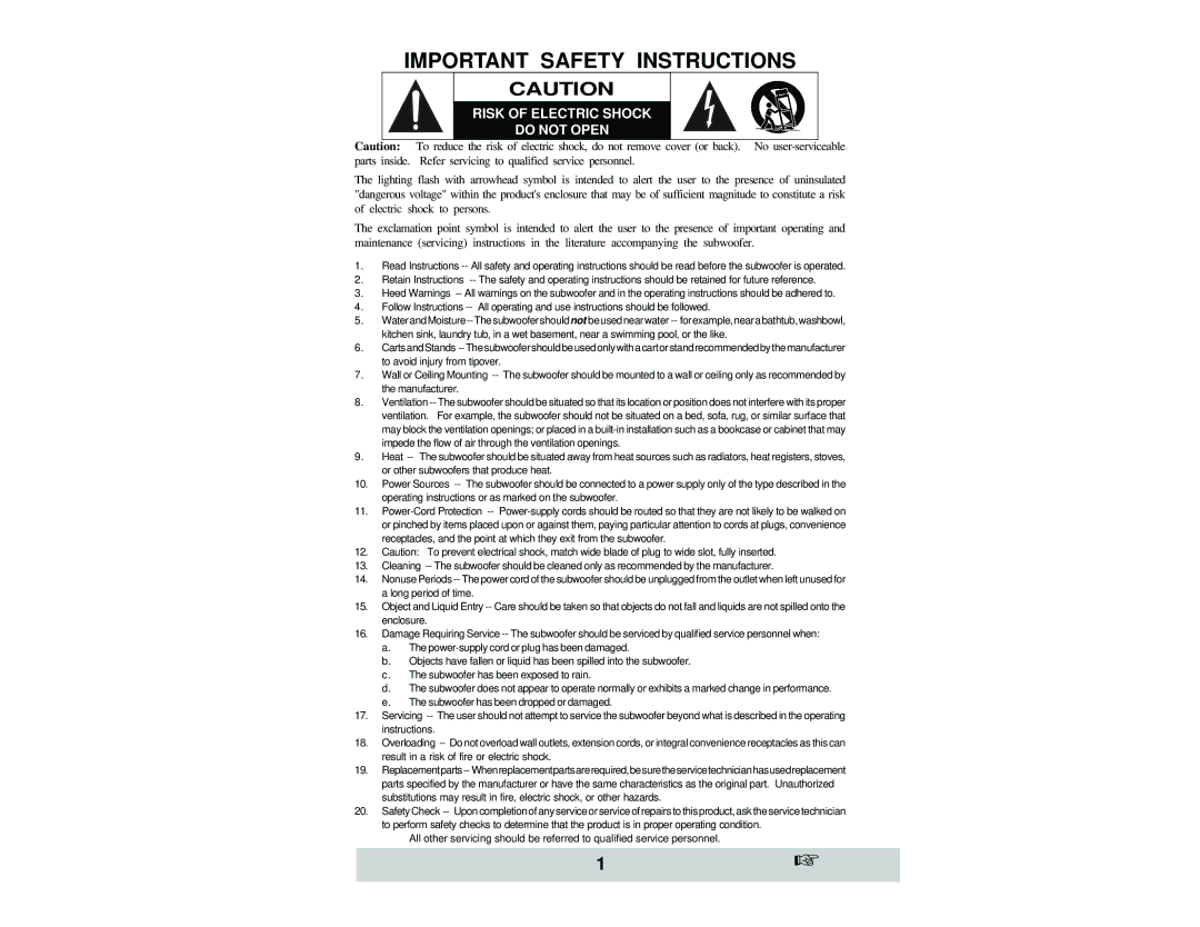 Velodyne Acoustics and SPL-1200, SPL-800, SPL-1000 owner manual Important Safety Instructions 