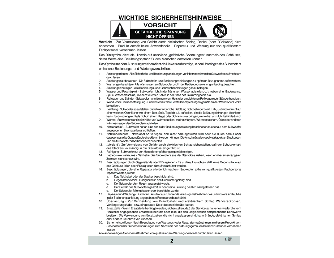 Velodyne Acoustics SPL-800, SPL-1000, and SPL-1200 owner manual Wichtige Sicherheitshinweise 