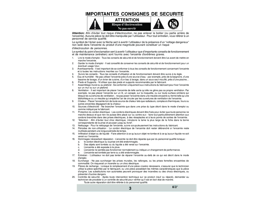 Velodyne Acoustics SPL-1000, SPL-800, and SPL-1200 owner manual Importantes Consignes DE Securite 